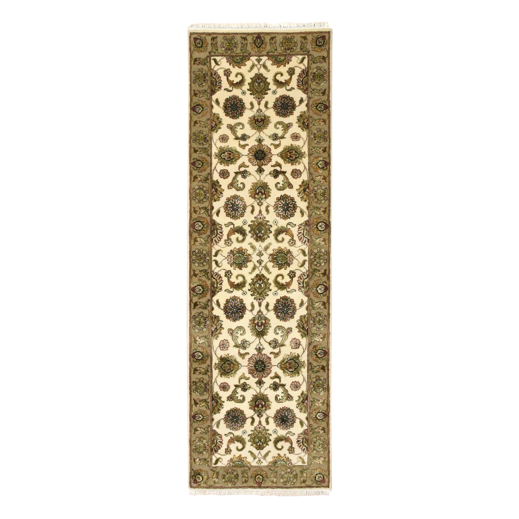 Chiffon White, Rajasthan with All Over Leaf Design, Hand Knotted, Wool and Silk, Soft Pile, Thick and Plush, Runner, Oriental Rug